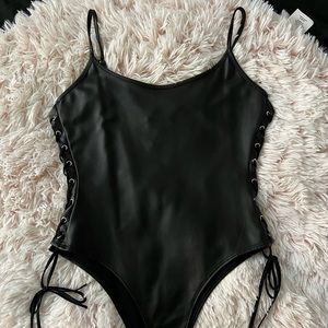 Faux leather cami bodysuit - black - size M